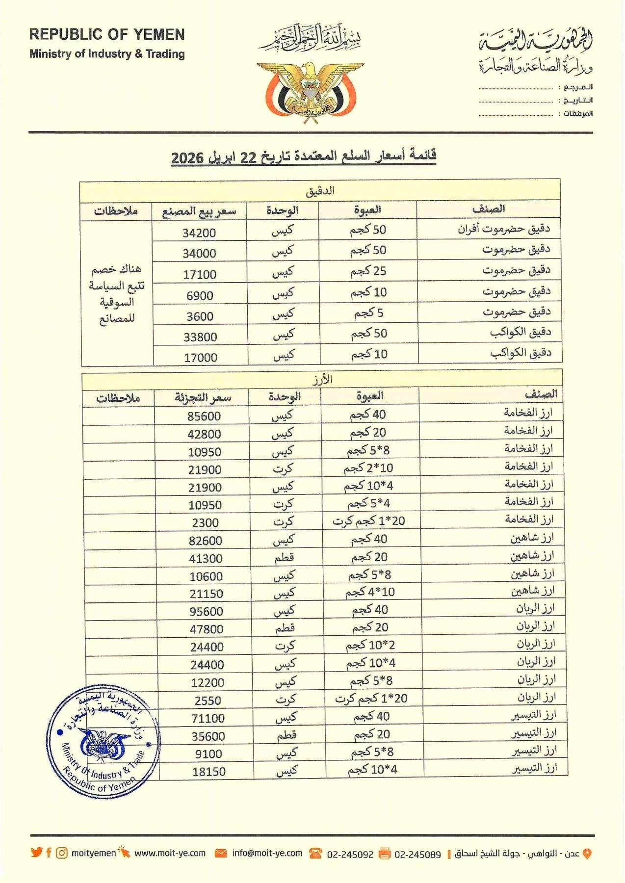 استهجان في عدن من قوائم أسعار السلع الأساسية المحدثة لوزارة الصناعة والتجارة